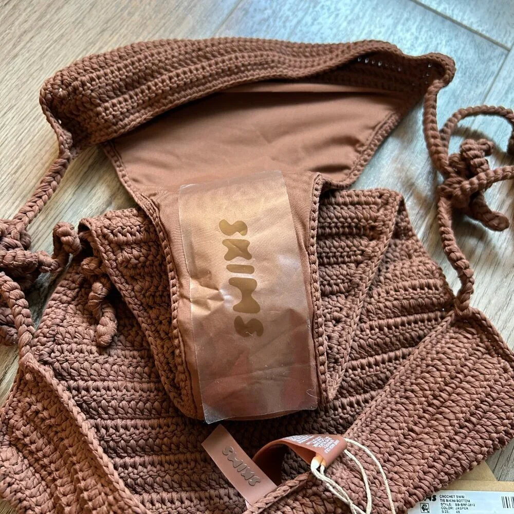 SKIMS Crochet Swim Tie Bikini Bottom in Jasper Brown Size 4X NWT
